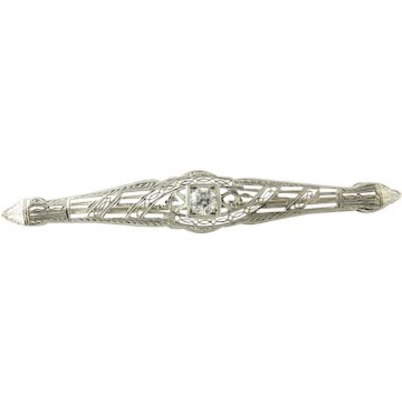 Antique 14K White Gold and European Diamond Filigree Bar Pin Brooch .5ct #189 - Picture 1 of 7